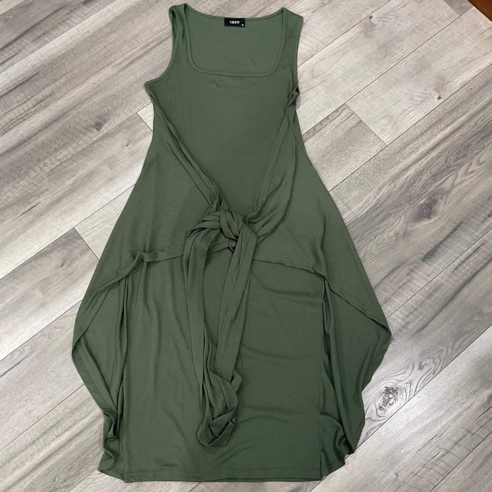 Cider Olive Green Midi Dress with Waist Tie
